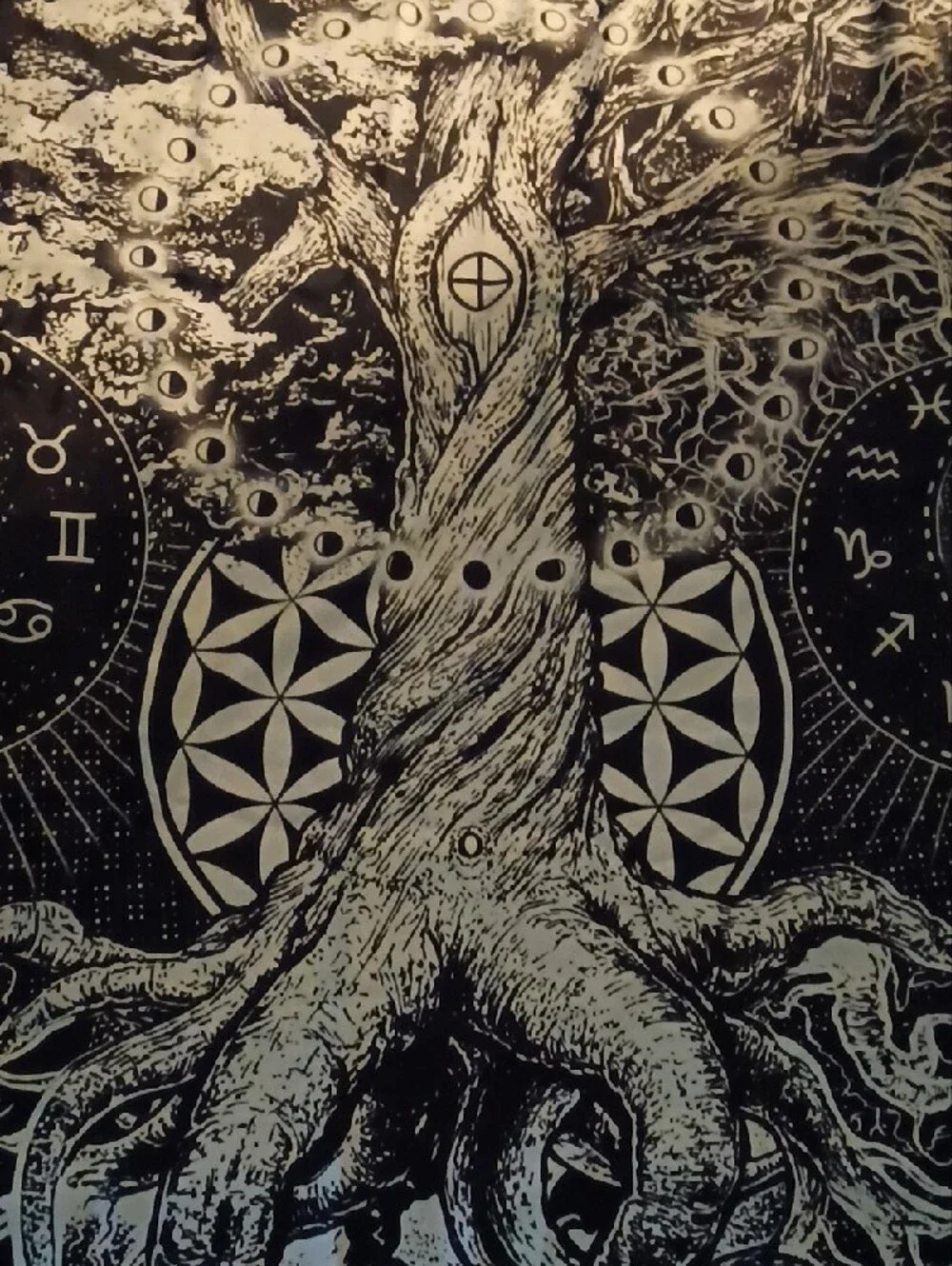 Black & White Tree of Life Shower Curtain with Zodiac Motifs